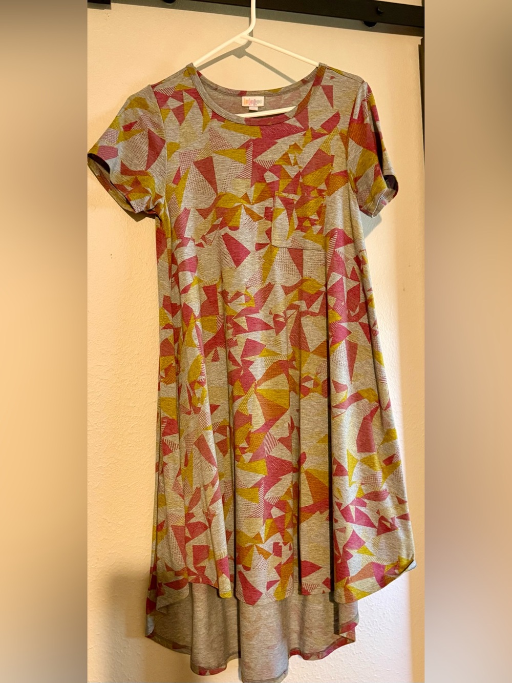 LuLaRoe High Low Dress in Gray with Pink and Yellow Geometric Print